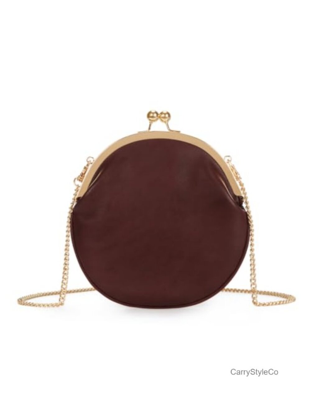 Faux Leather Kiss Lock Clutch Crossbody Bag Round Frame Removable Chains